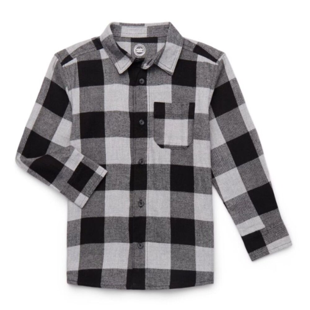 NEW Boys Sz XS (4-5) Black Plaid Soft Flannel Button Up Shirt WONDER NATION